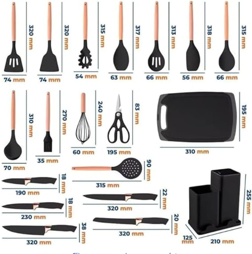 Kit Conjunto 19 Peças Utensílios de Cozinha em Silicone e Madeira