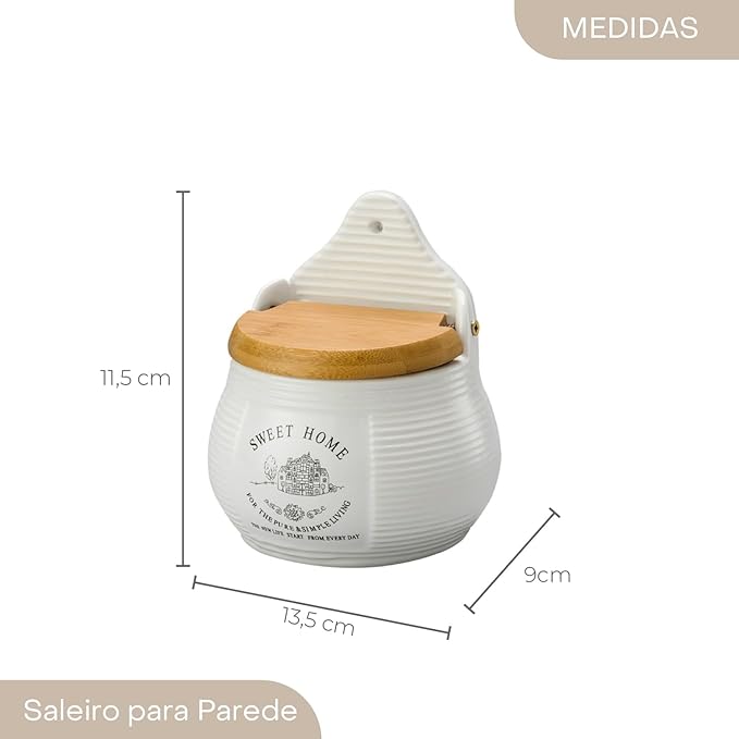 Saleiro de Parede de Cerâmica com Tampa de Madeira Sweet Home 10cm x 7,5cm x 13cm