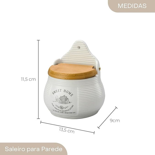Saleiro de Parede de Cerâmica com Tampa de Madeira Sweet Home 10cm x 7,5cm x 13cm