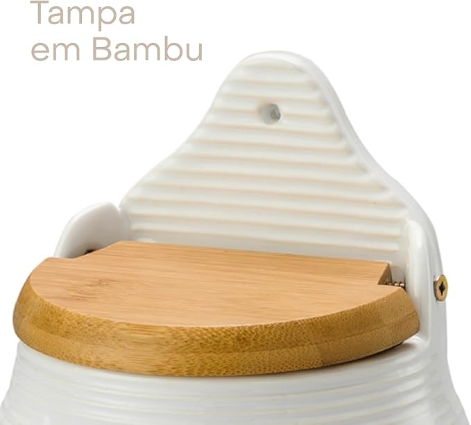 Saleiro de Parede de Cerâmica com Tampa de Madeira Sweet Home 10cm x 7,5cm x 13cm