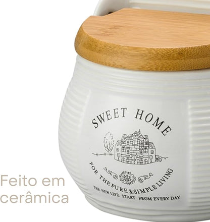 Saleiro de Parede de Cerâmica com Tampa de Madeira Sweet Home 10cm x 7,5cm x 13cm