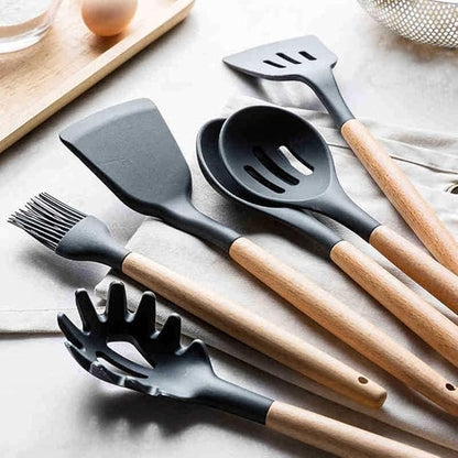 Kit 12 Utensílios De Cozinha Em Silicone E Cabo De Madeira Jogo De Utensílios Resistente ao Calor Antiaderente Premium GAXMARK