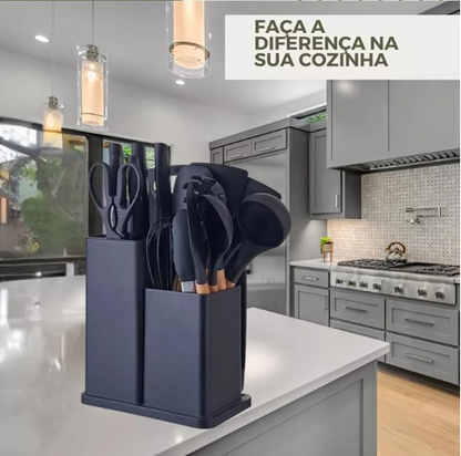 Kit Conjunto 19 Peças Utensílios de Cozinha em Silicone e Madeira
