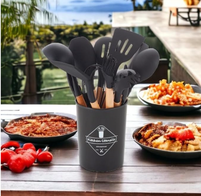 Kit 12 Utensílios De Cozinha Em Silicone E Cabo De Madeira Jogo De Utensílios Resistente ao Calor Antiaderente Premium GAXMARK