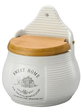 Saleiro de Parede de Cerâmica com Tampa de Madeira Sweet Home 10cm x 7,5cm x 13cm