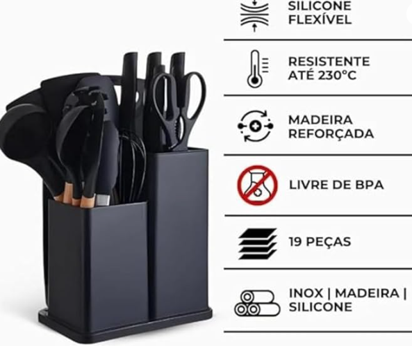 Kit Conjunto 19 Peças Utensílios de Cozinha em Silicone e Madeira