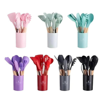 Kit 12 Utensílios De Cozinha Em Silicone E Cabo De Madeira Jogo De Utensílios Resistente ao Calor Antiaderente Premium GAXMARK